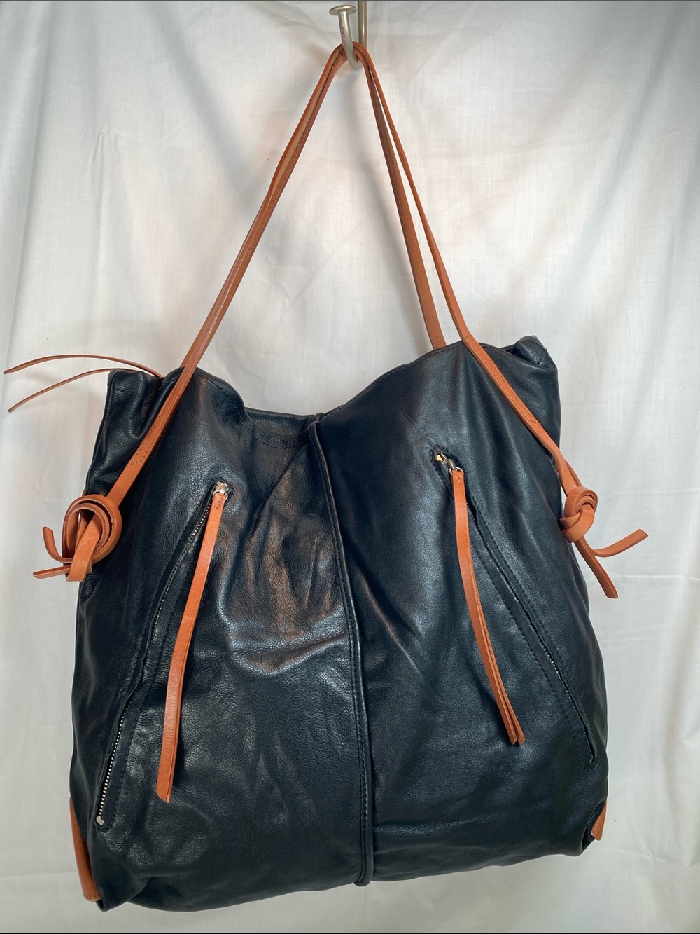 Black Leather Shoulder Tote with Tan Trim
